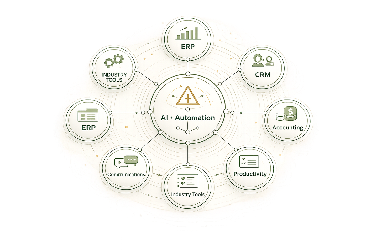 Connected business systems centered around a shared AI integration hub.
