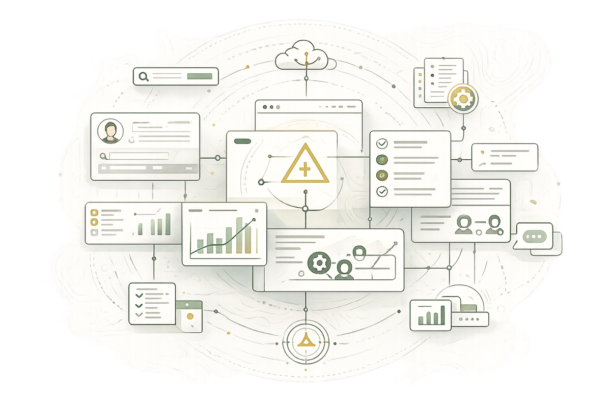 Connected AI workflow network linking people, information, and business systems.